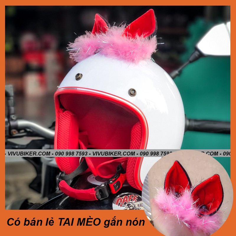 Mũ bảo hiểm 3/4 kèm tai thỏ gắn nón trắng lót đỏ - Nón bảo hiểm tai mèo Fung Fing bảo hành 12th