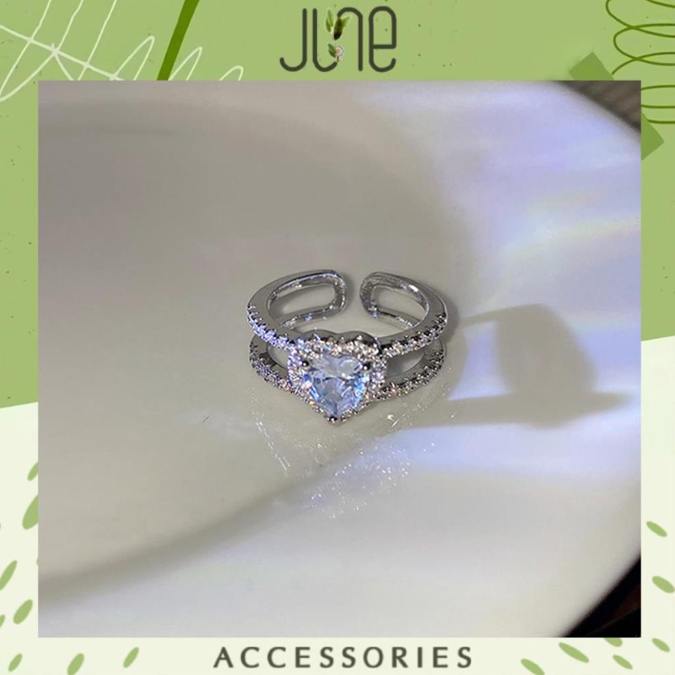 Nhẫn nữ mặt đính đá trái tim siêu xinh, nhẫn mạ bạc không phai màu han rỉ khi sử dụng, June accessories