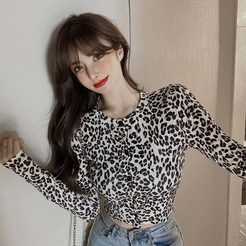 Áo Dài Tay Croptop Họa Tiết Da Báo Sành Điệu Cao Cấp Cho Nữ