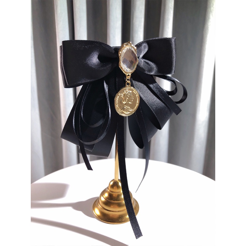 Nơ Cài Cổ Áo Màu Đen Đính Pha Lê Phong Cách Baroque Cổ Điển Kèm Phụ Kiện Cài Áo Cho Nữ