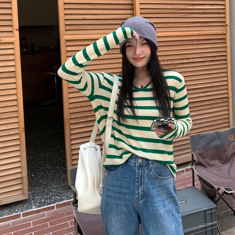 Áo len ZHELIHANGFEI tay dài cổ chữ V dáng rộng họa tiết kẻ sọc phong cách thời trang