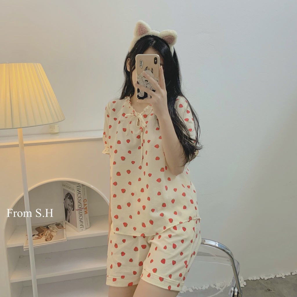 [ ẢNH THẬT ] Pijama xốp đũi Hàn cổ nơ dáng cộc hoạ tiết xinh xắn. Bộ ngủ nữ hoạt hình dễ thương