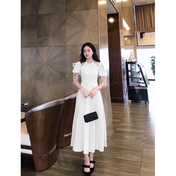 Váy midi cổ yếm tay bồng dáng dài xoè