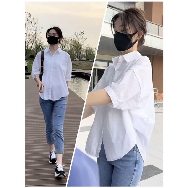 Áo sơ mi vạt tôm 2 màu xanh - trắng