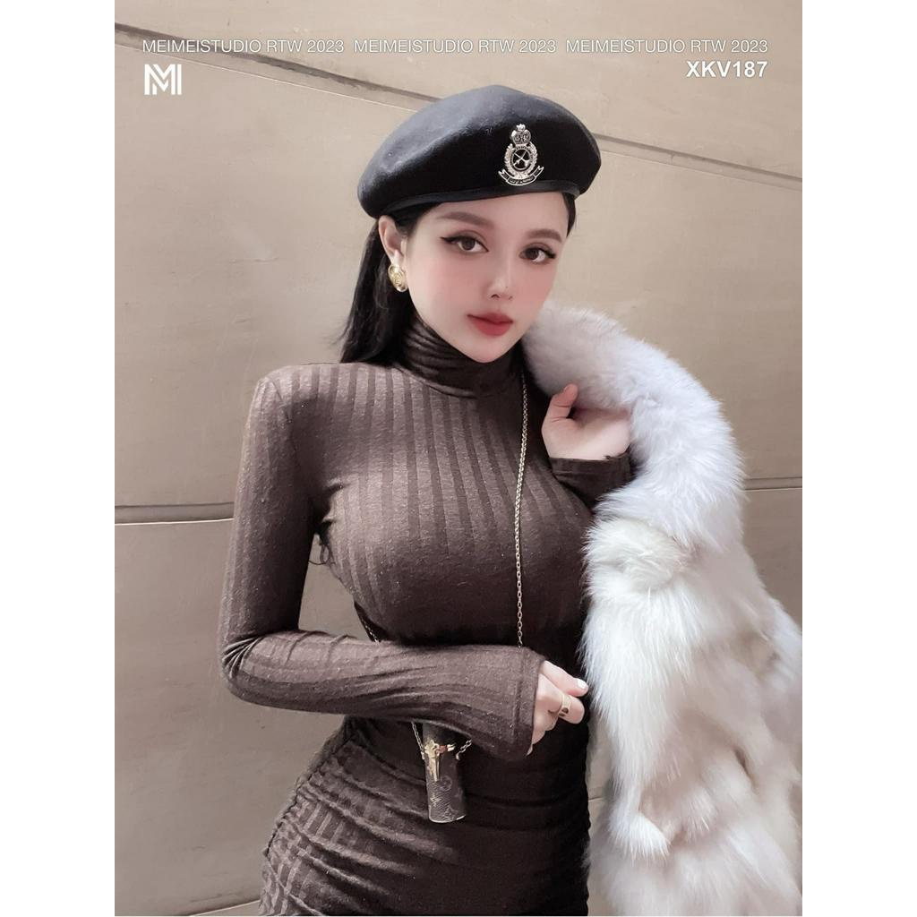 Đầm body len cổ lọ dúm sườn, váy dáng ngắn dài tay, chất vải co giãn tốt, phù hợp mặc đi chơi, đi tiệc | XKV187