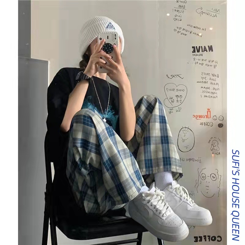 Quần ống rộng Họa Tiết Ca Rô Phong Cách Hàn Quốc Dành Cho Nữ