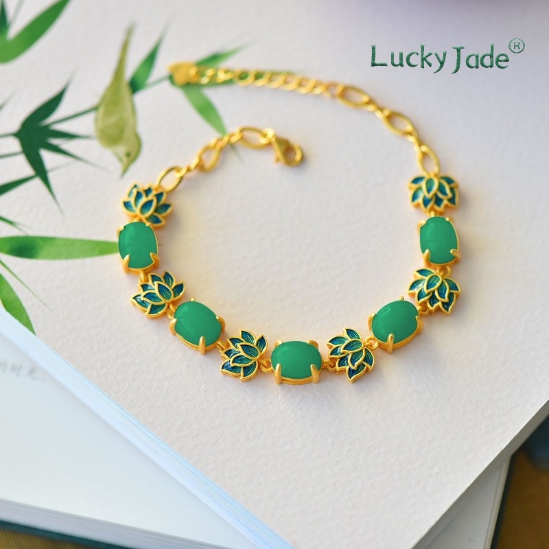 Vòng Tay Mạ Bạc S925 Dát Vàng Hoa Sen Trắng Tráng Men Dày Mặt Nhám