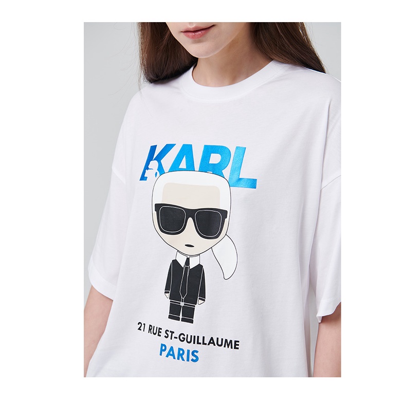 Áo Thun Cotton Tay Ngắn In Họa Tiết Hoạt Hình Karl Lagerfeld Thoải Mái Cho Nữ
