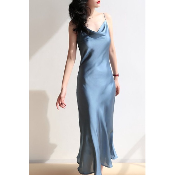 Váy midi satin blue dress - lụa satin "May 2 lớp"