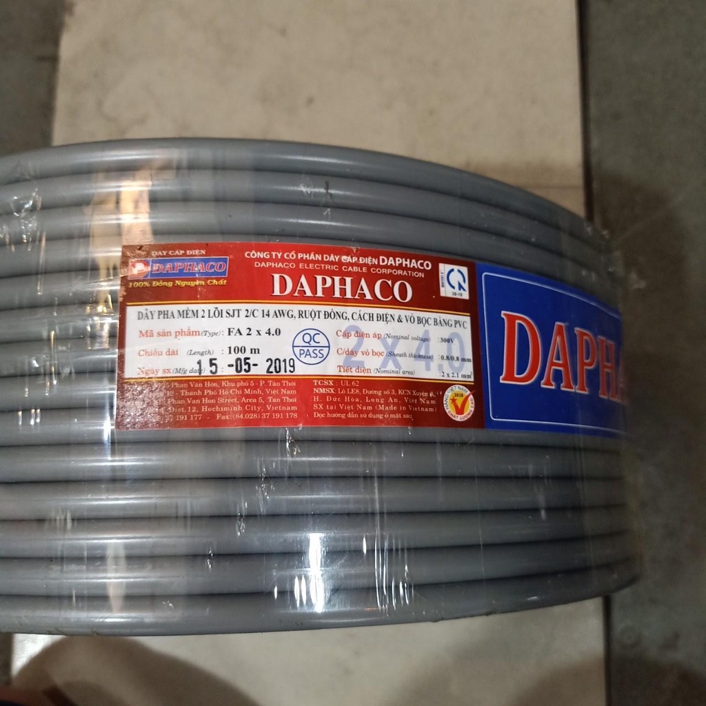 FREE SHIP  CUỘN DÂY ĐIỆN ĐÔI BỌC XÁM DAPHACO 2x4.0 (100 MÉT)