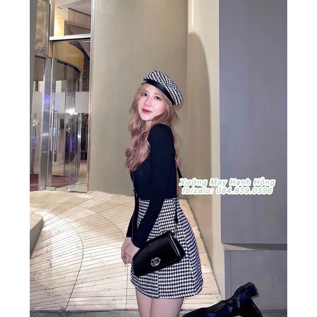 Set áo thun zip cổ vuông và chân váy ziczac kèm mũ hàng Quảng Châu