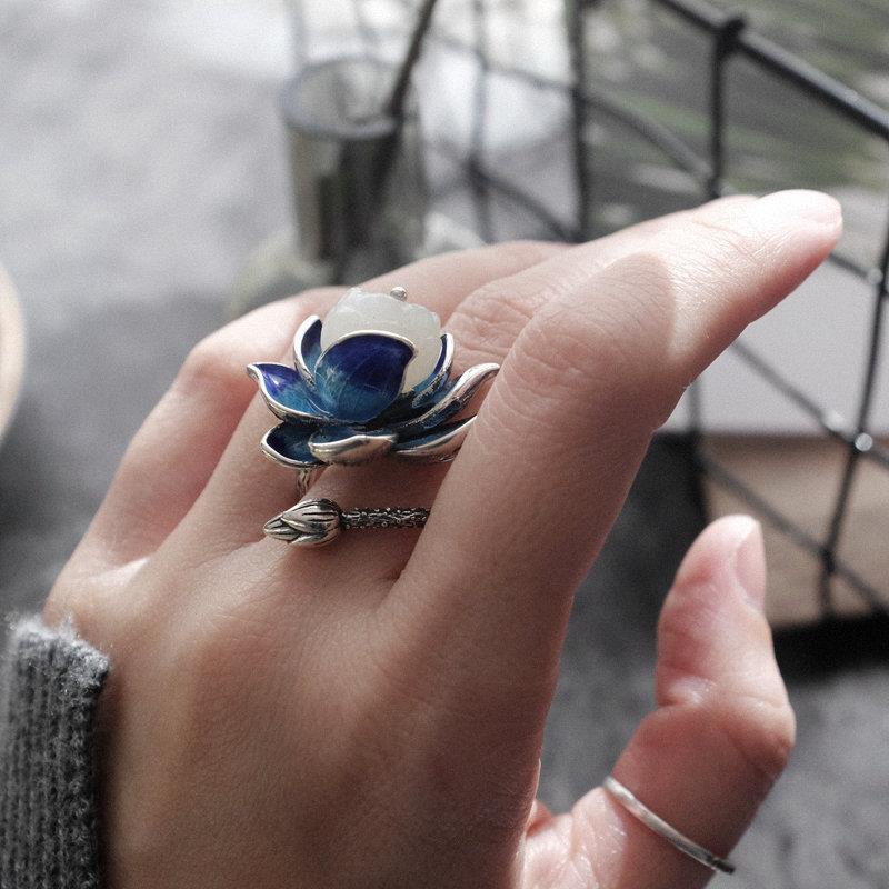 Nhẫn hở mạ bạc sterling đính đá ngọc bích hình hoa nhỏ thời trang cá tính có thể điều chỉnh dành cho nữ