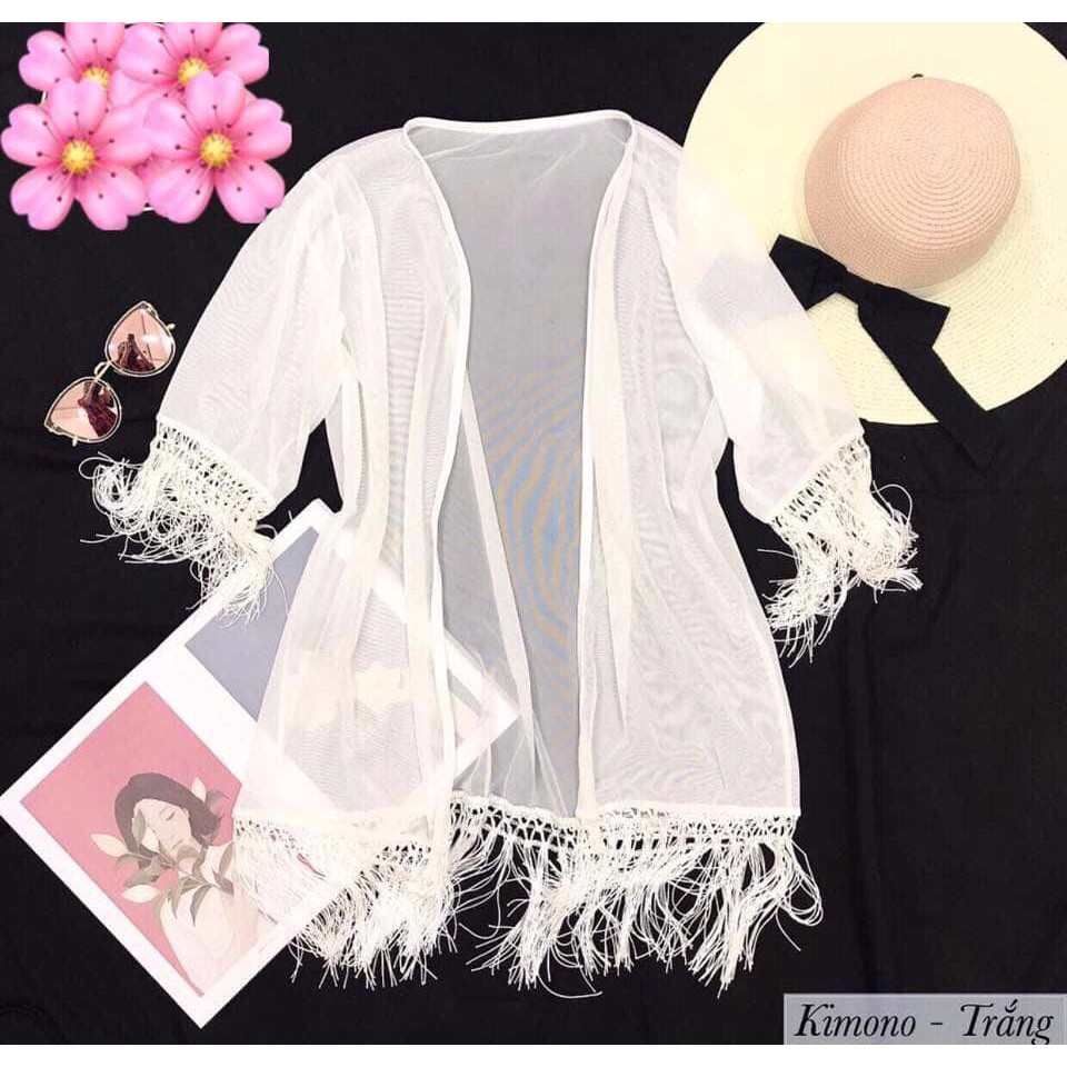 Áo choàng Bikini, Kimono dáng dài 2 màu đen trắng (Ảnh khách)