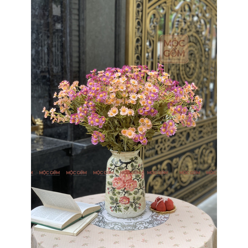 Bình hoa gốm Bát Tràng cao cấp cắm hoa vẽ tay thủ công trên nền men mộc vintage trang trí phòng khách đẹp Mộc Gốm MG78