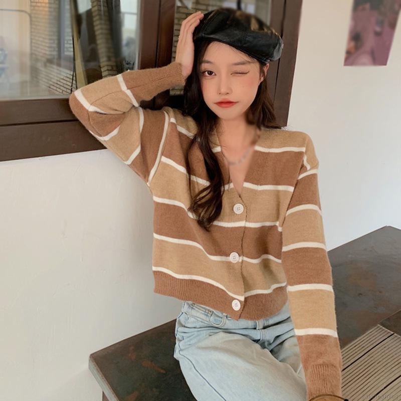 Áo khoác cardigan dệt kim cổ chữ V tay dài dáng rộng kẻ sọc phối nút thời trang cho nữ