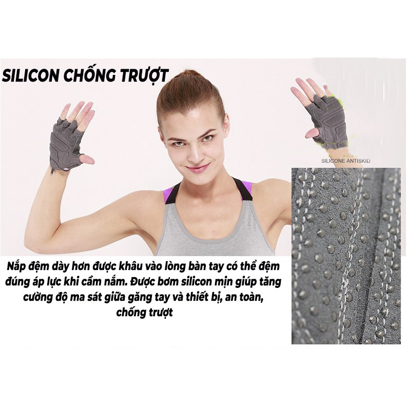 Găng tay thể thao tập gym nam nữ chính hãng cao cấp chất liệu dệt thoáng khí, đệm silicon chống trượt, an toàn