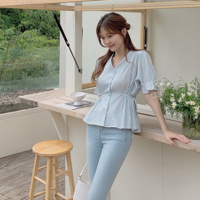 44813 New Korean style V-neck lace-up short-sleeved shirt blouse woman top | BigBuy360 - bigbuy360.vn