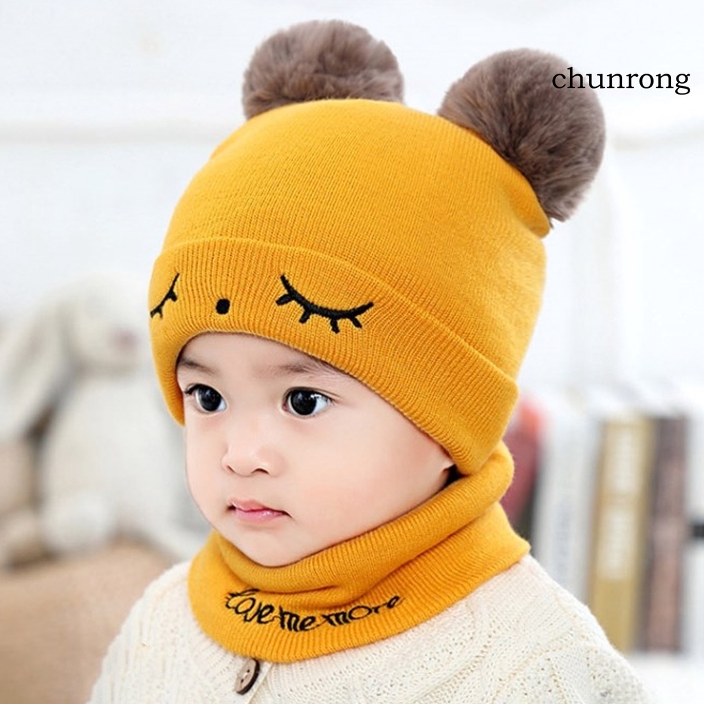 1 Set Mũ beanie + Khăn Choàng Cổ + Bóng Lông Màu Trơn Chống Gió Cho Bé