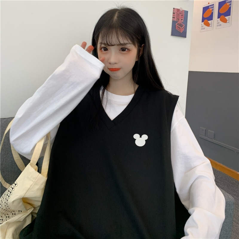Áo cổ V không tay dáng rộng kiểu Hàn Quốc xinh xắn cho bạn nữ