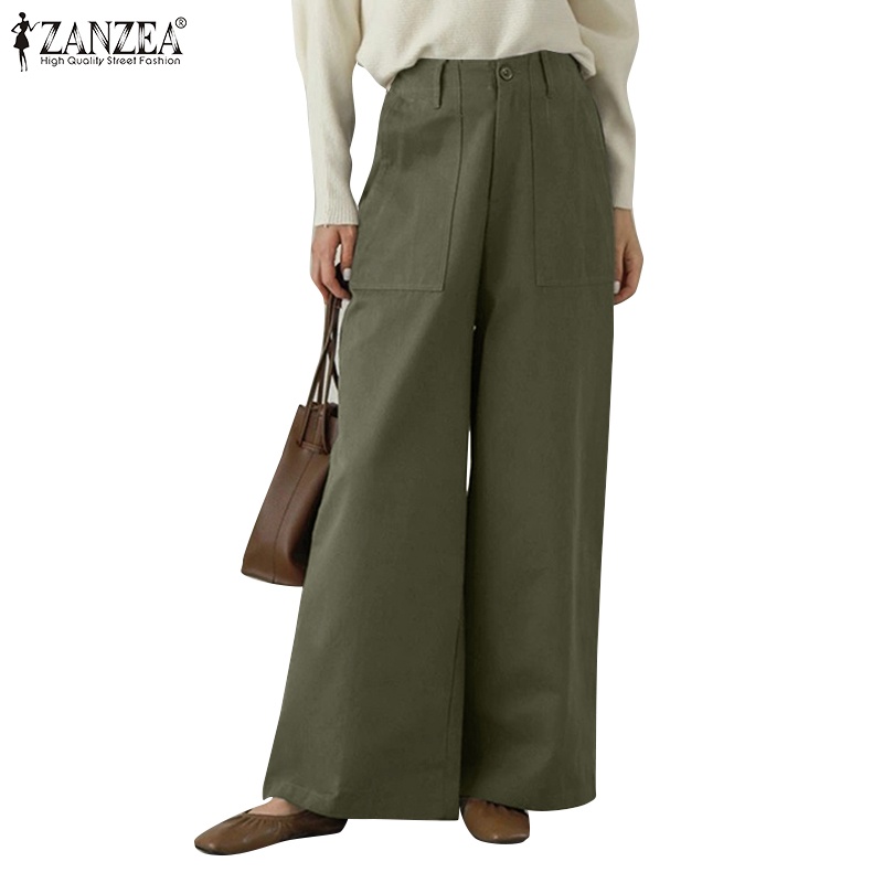 Quần dài ống rộng ZANZEA lưng thun màu trơn thời trang thanh lịch cho nữ