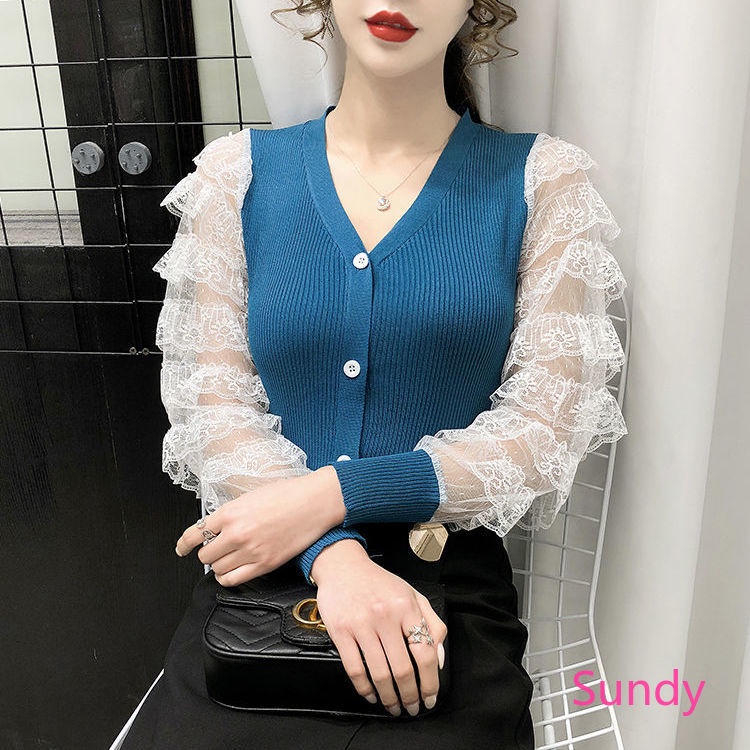 Áo Cardigan Dệt Kim Cổ Chữ V Phối Ren Thời Trang Mùa Thu Cho Nữ