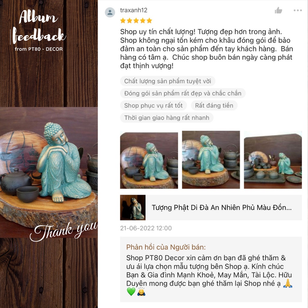 Tượng Phật An Nhiên PT80 màu đồng ánh xanh, thần thái sắc nét decor không gian phong thủy, sân vườn