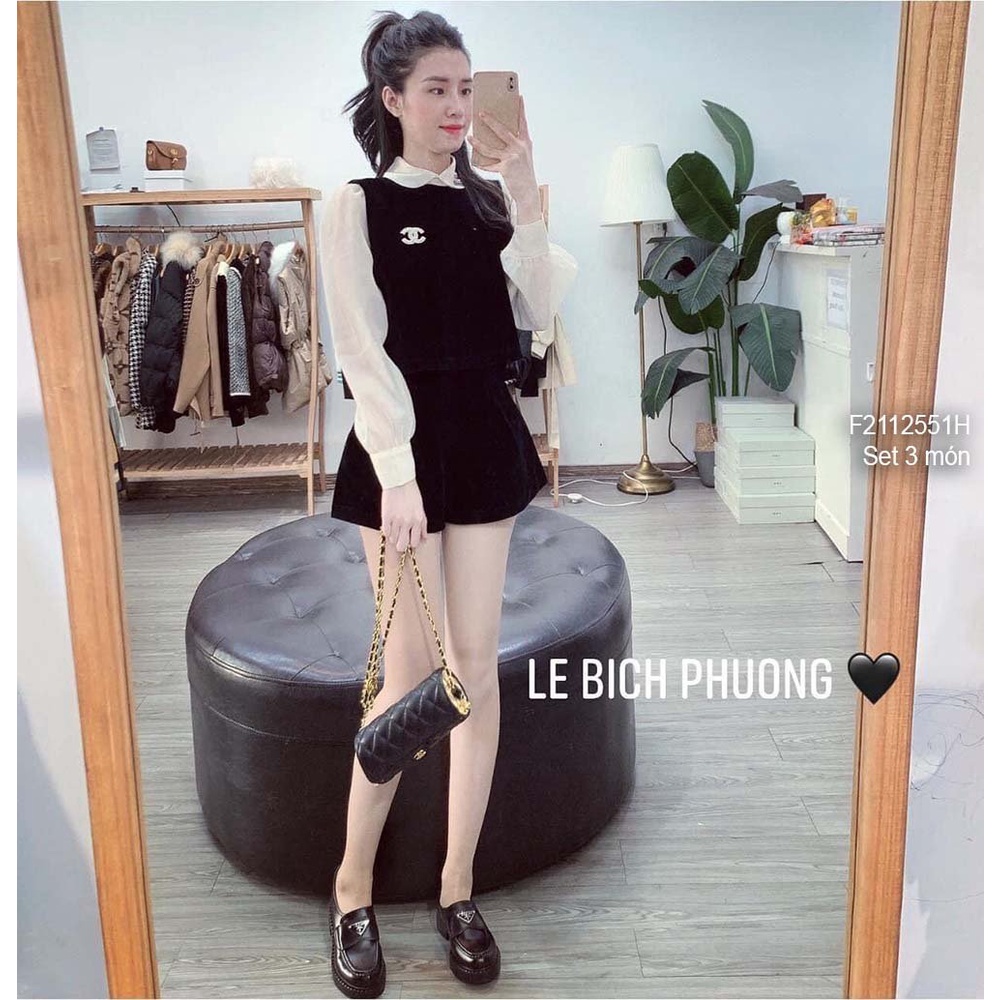 Set 3 món áo sơ mi tay dài áo nhung đen lưng phối nút sát kèm quần short nhung đen