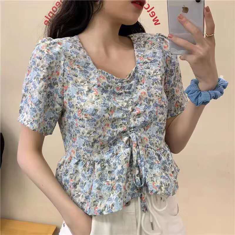 Women's French Drawstring Chiffon Shirts Loose French Fashion Summer Short Sleeve Crop Tops | BigBuy360 - bigbuy360.vn