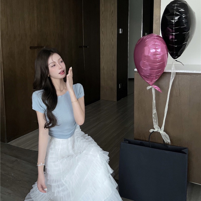 Jane Áo cropotop màu trời - chân váy tầng trắng Cinderella ẢNH THẬT CUỐI