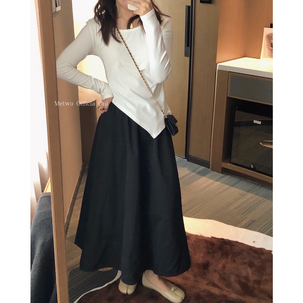 SUA001 Áo thun body Ulzzang xẻ vạt chéo cổ thuyền Áo phông trơn xám đen trắng dài tay dáng ôm lệch tà nữ tính Hàn Quốc