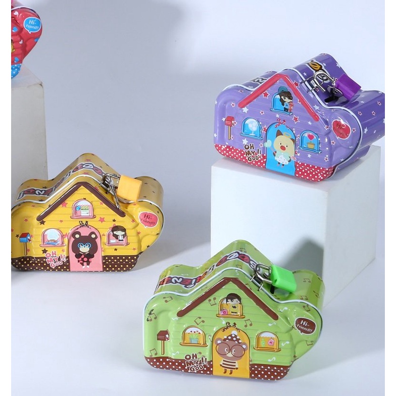 Két Sắt Ống Heo Tiết Kiệm Ngôi Nhà Ba Cửa Sổ Có Khóa Mini Cho Bé