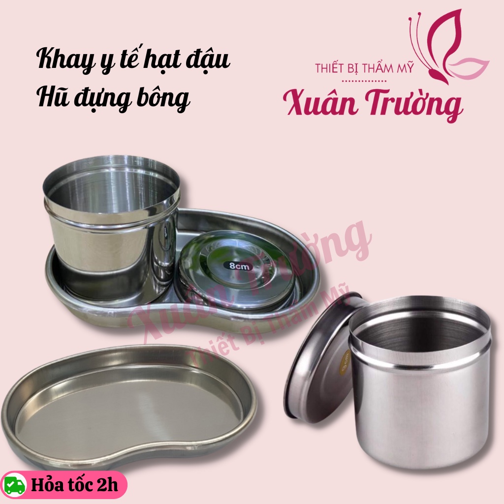 Khay hạt đỗ inox và hũ inox dùng đựng bông, đồ phun săm