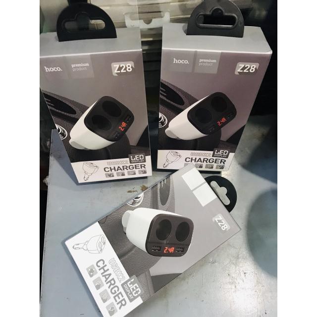 Thiết bị cốc sạc xe hơi xe ô tô đa năng Hoco Z28 2 cổng usb 2 tẩu sạc có đồng hồ hàng chính hãng bền đẹp bảo bệ an toàn