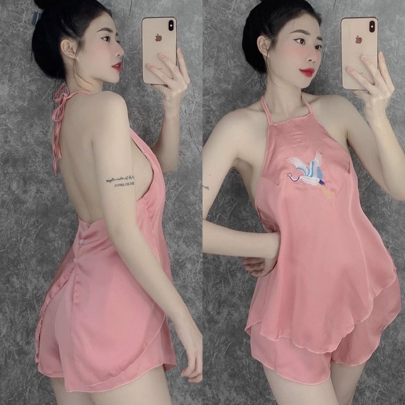 Đồ ngủ 2 dây sexy, Đồ ngủ áo yếm sexy thêu hạc chất satin mềm Freesize dưới 55kg