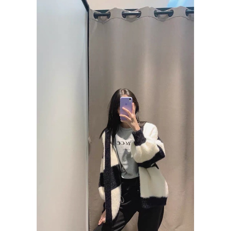 Áo Cadigan len lông phối kẻ đen trắng Ulzzang (ảnh thật) | BigBuy360 - bigbuy360.vn