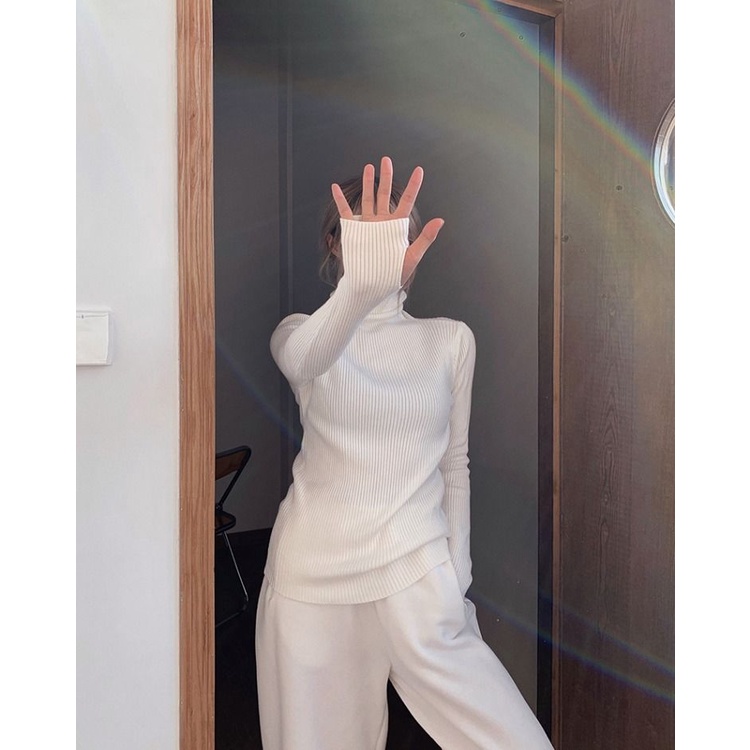 Áo sweater dệt kim tay dài cổ lọ màu xanh lá thời trang mùa đông cho nữ 2021