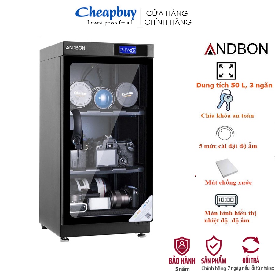 Tủ chống ẩm máy ảnh 50 Lít Andbon AD-50, hút ẩm CN Nhật Bản 3 ngăn chống xước, tiết kiệm điện, bảo hành 5 năm