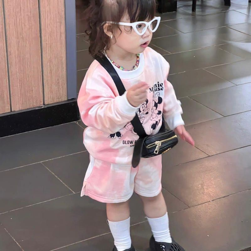 Bộ nỉ cho bé bộ nỉ mickey áo dài tay quần cộc phong cách thu đông cá tính cho bé gái jimado