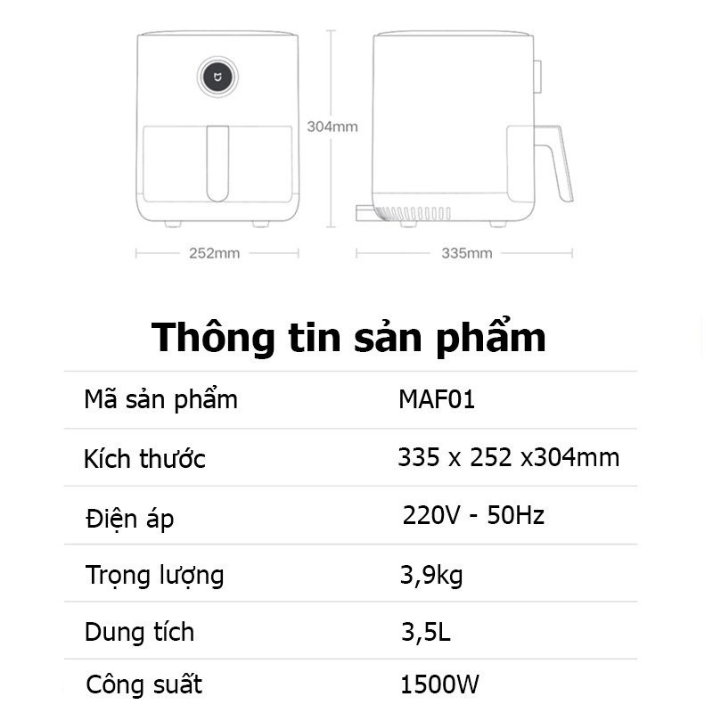 [Mã Hoàn Xu 50k] Nồi chiên không dầu Xiaomi 3.5L MAF01 - Tích hợp App Mihome