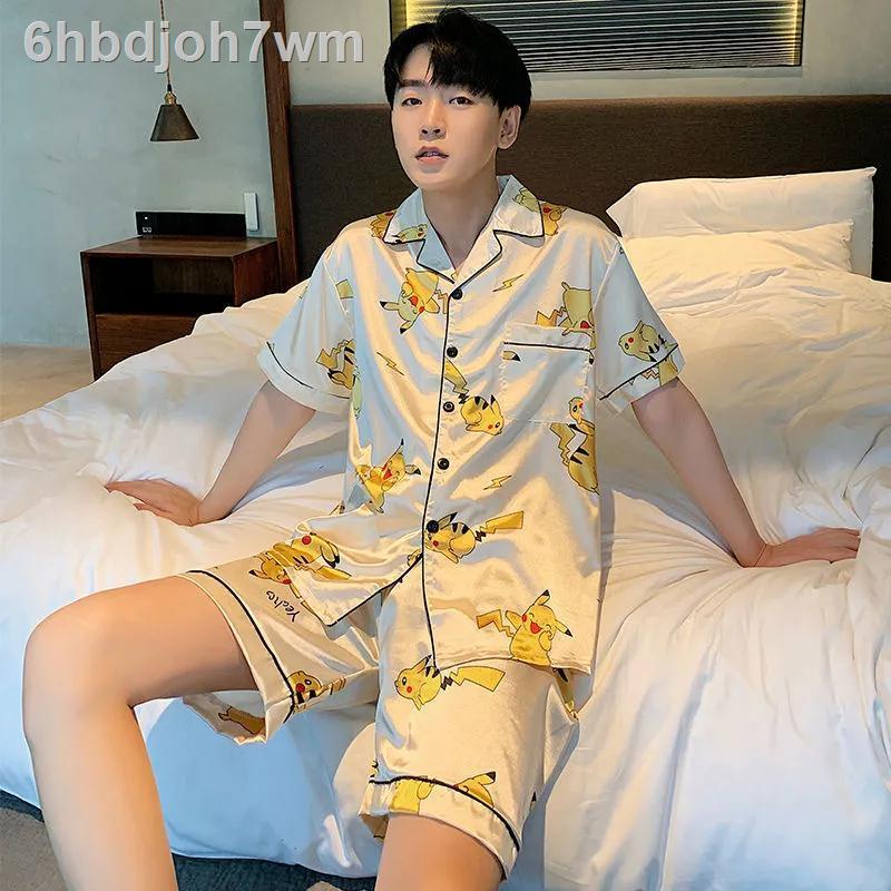 ☌◘Bộ đồ ngủ mùa hè nam quần đùi ngắn tay băng lụa mỏng phiên bản hàn quốc plus béo plus size cặp đôi phục vụ tại nhà hai