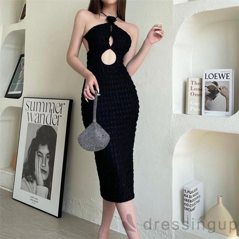 DRE-Women´s Modified Cheongsam Long Dress,Solid Color Floral Decoration Halter Neck Off Shoulder Cutout Dress