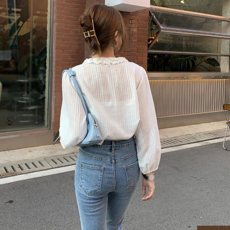 Áo sơ mi nữ tay dài cổ chữ V màu sắc ngọt ngào