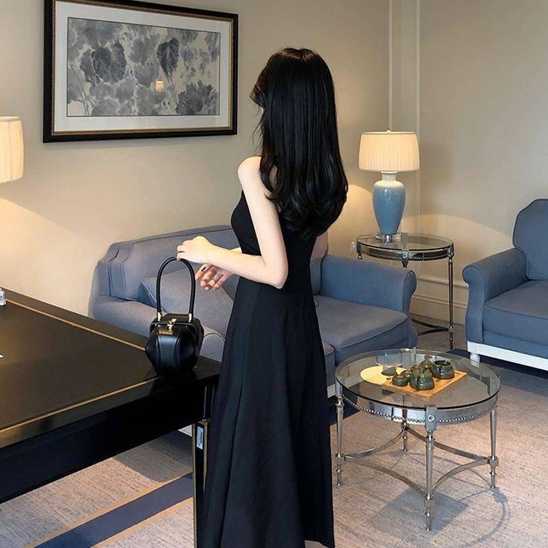 Váy hai dây dáng dài màu đen phong cách Hàn Quốc kiểu dáng gợi cảm cho nữ
