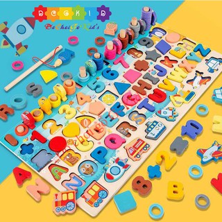 Đồ chơi bảng chữ số xếp hình gỗ trí tuệ thông minh 5 trong 1 dành cho bé học chữ số đếm kèm câu cá hình khối