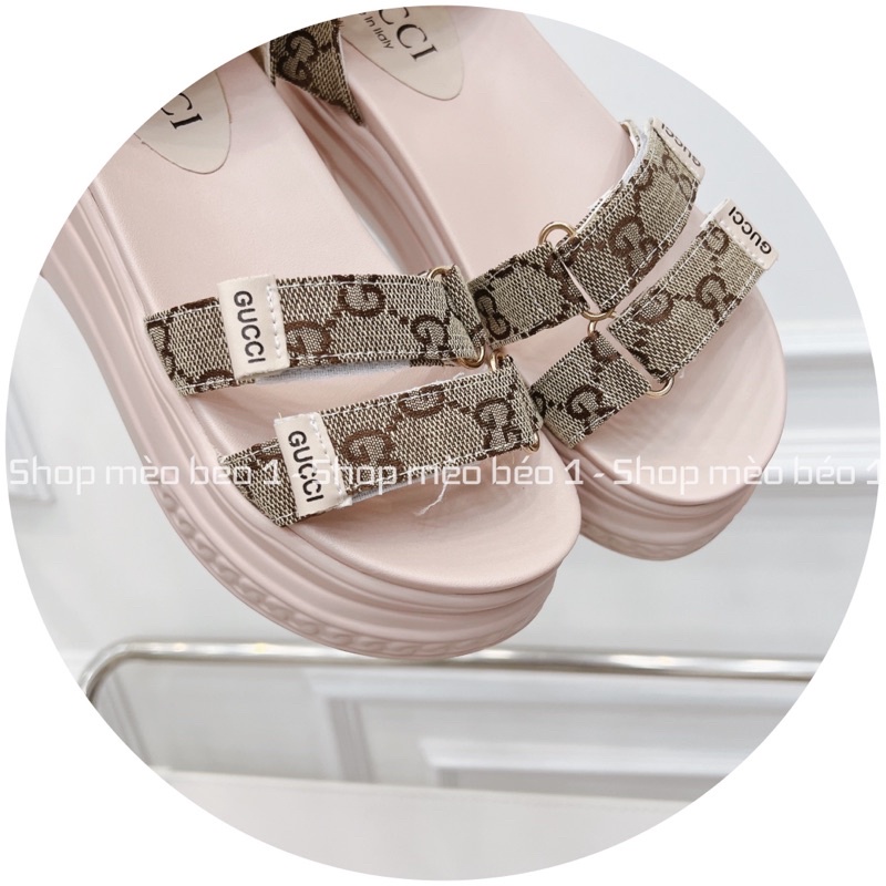 Sandal gc quai dán ngang hoạ tiết đế hồng cao fullbx