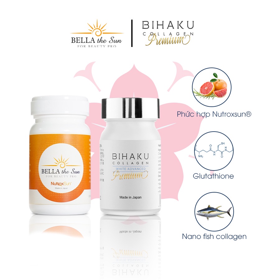 Bộ đôi sản phẩm Chống nắng nội sinh Bella The Sun và viên uống trắng da Bihaku 30 viên