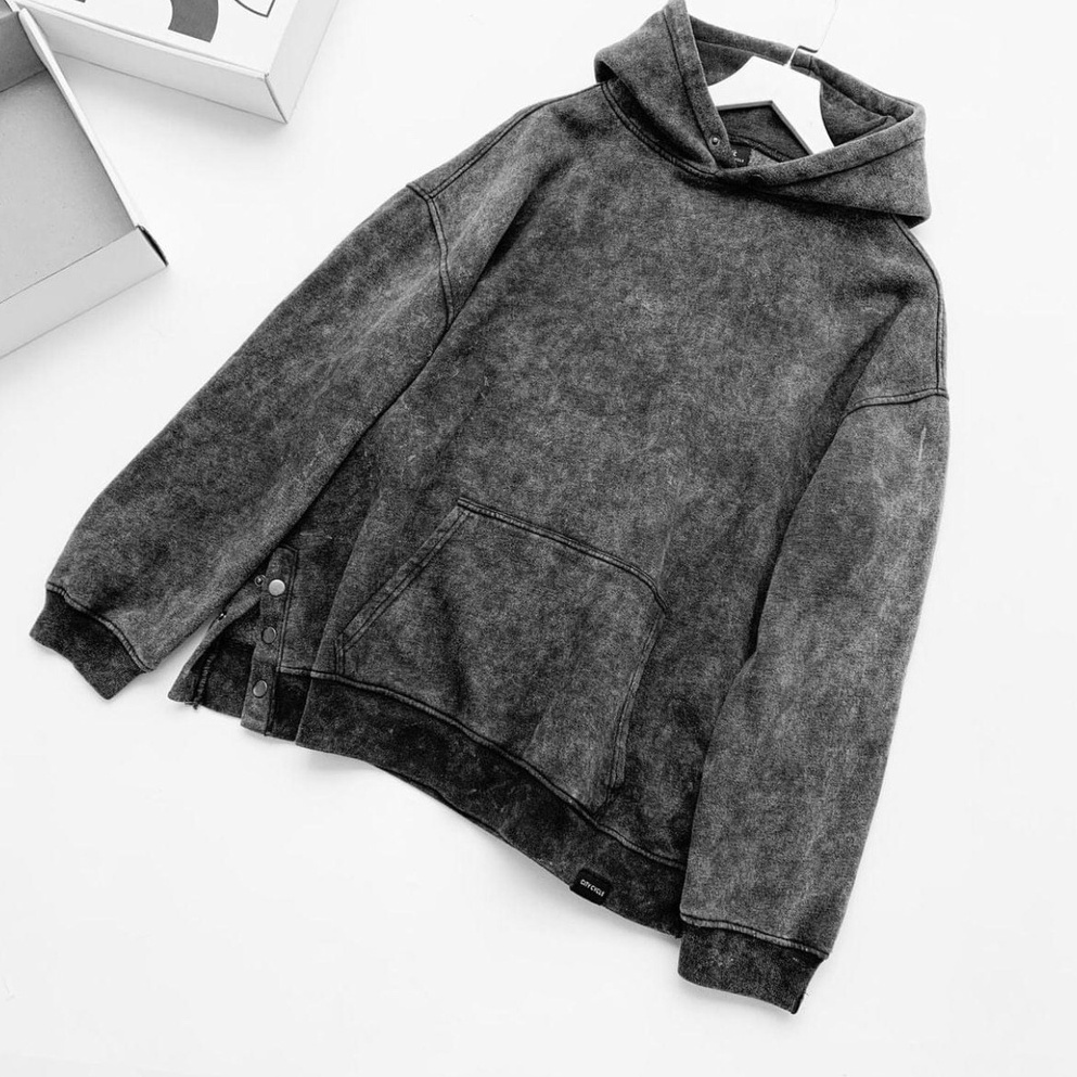 Áo hoodie unisex acid button đen khói Local brand - áo nỉ hoodie unisex form rộng trẻ trung