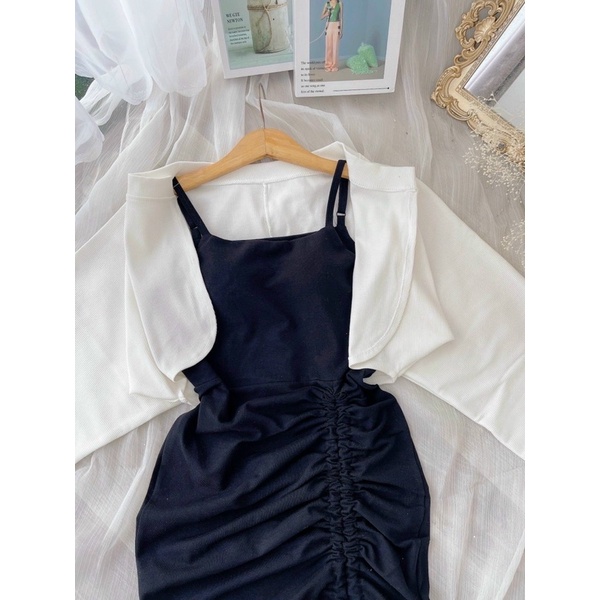 Set áo tay dơi + đầm body dây rút