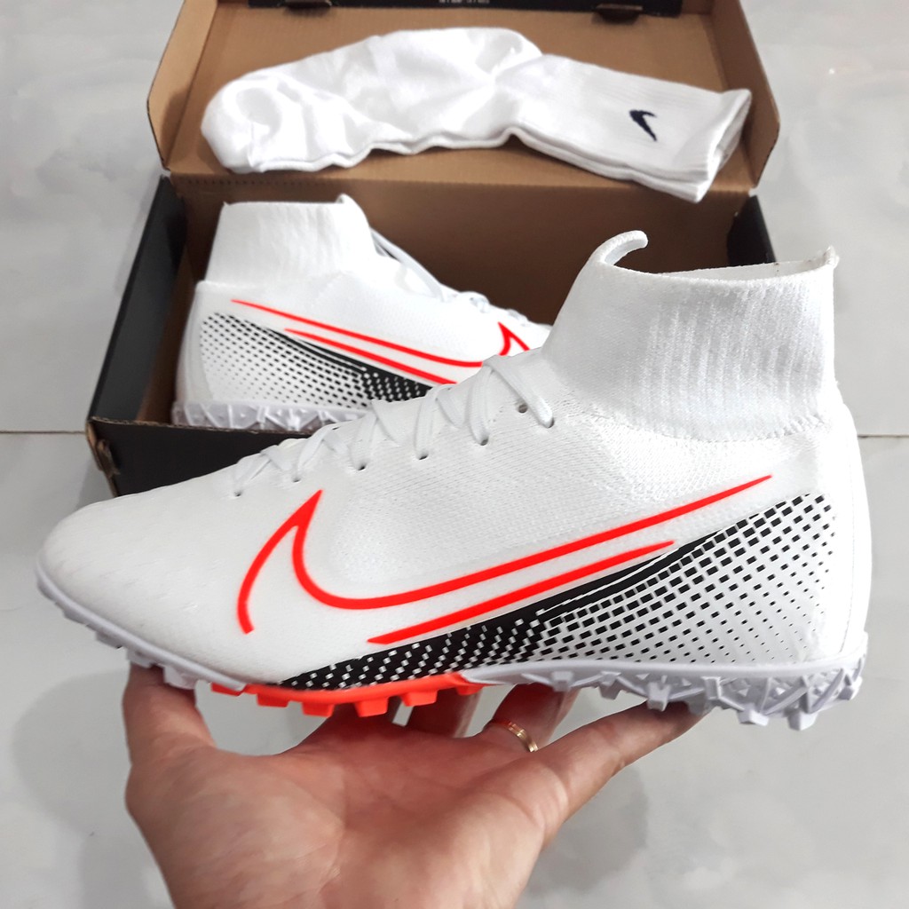 Giày Bóng Đá Mercurial Superfly 7 Elite Trắng Vạch Cam Cao Cổ TF ( Tặng kèm hộp )