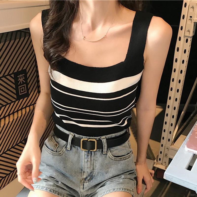 Áo Hai Dây Dệt Kim Hoạ Tiết Kẻ Sọc Kiểu Dáng Quyến Rũ